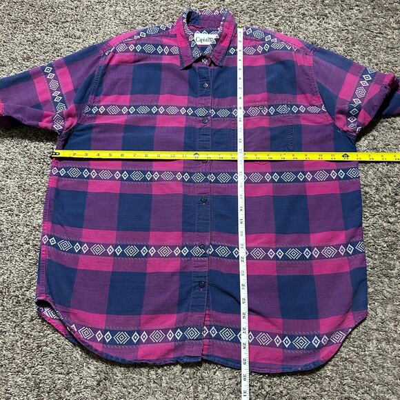 Vintage 80s Button Up Shirt Plaid Check Geometric Striped Cotton Womens 20W - Picture 4 of 7